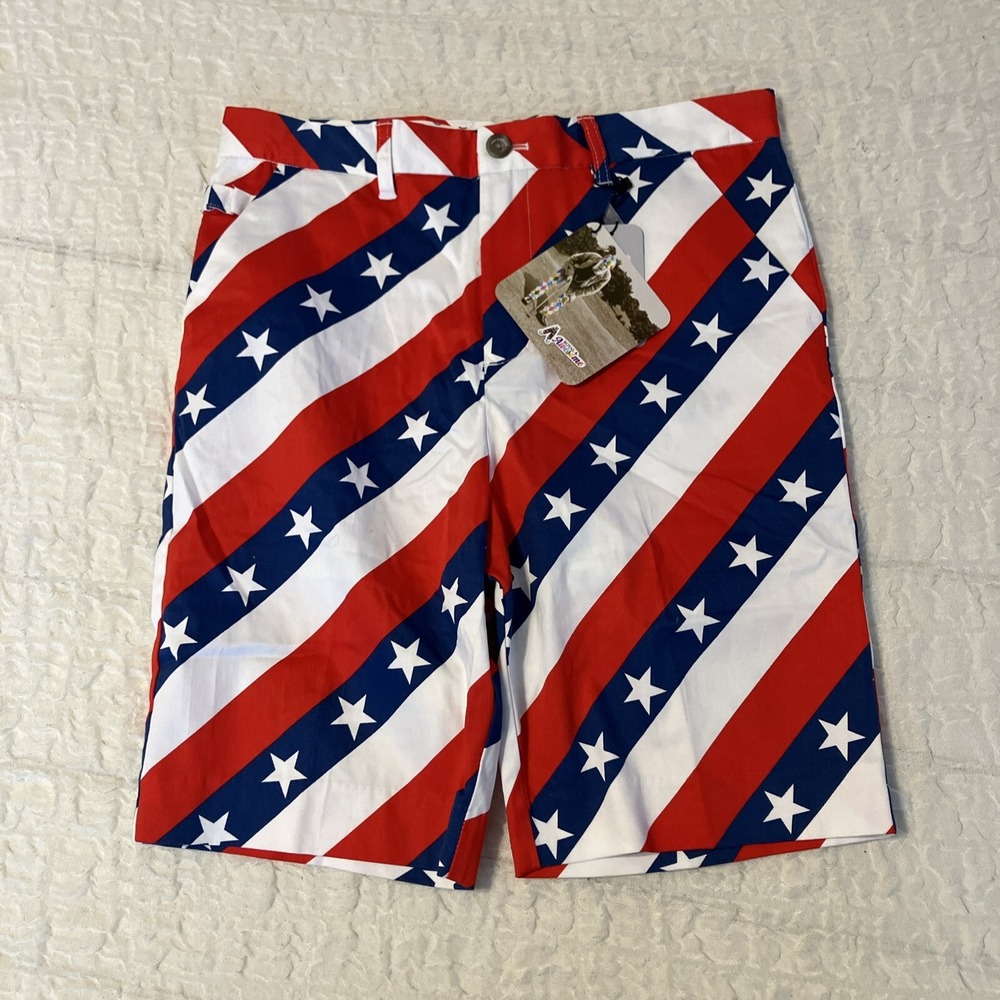 Royal & Awesome Kids Pars and Stripes Golf Shorts Red White Blue Stars Age 12-13